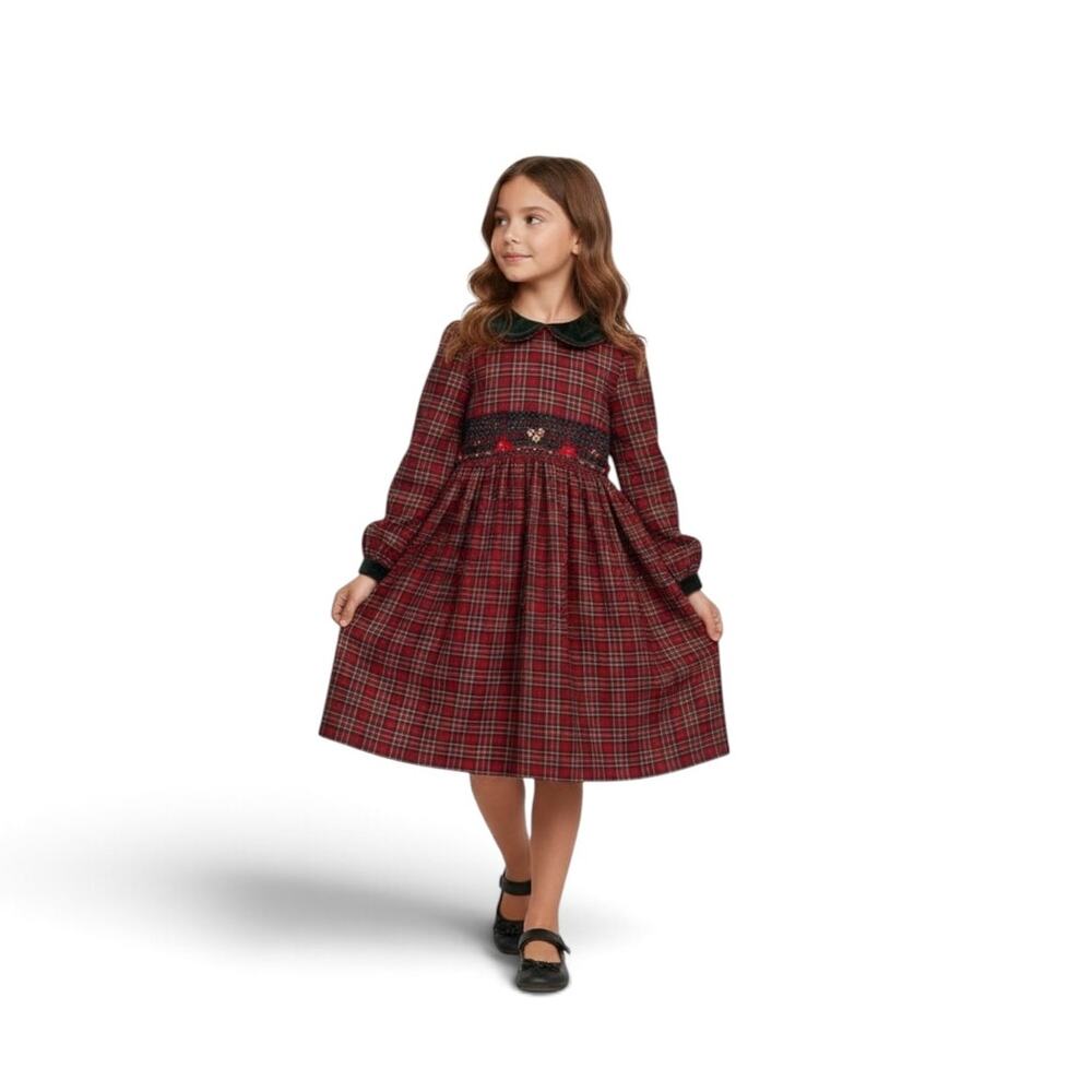 VTG Christie Brooks dress girls L 6X tartan plaid Peter Pan smocked long holiday